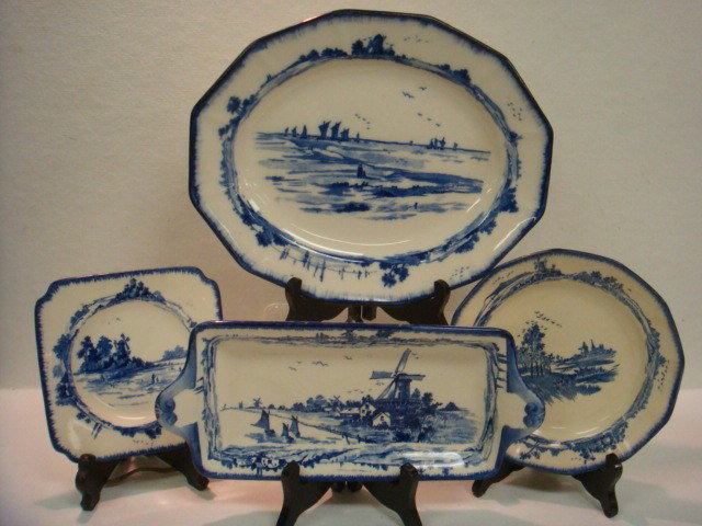 1920's ROYAL DOULTON Norfolk Flow Blue Plates, Tra: 1920's ROYAL DOULTON Norfolk Flow Blue Plates, Trays: Blue and White with Handpainted Windmills and Ships. 11 3/4" Oval Platter, 11"L Sandwich Tray, 7 1/8" Plate and 5 3/4" Square Sandwich Plate. (80-