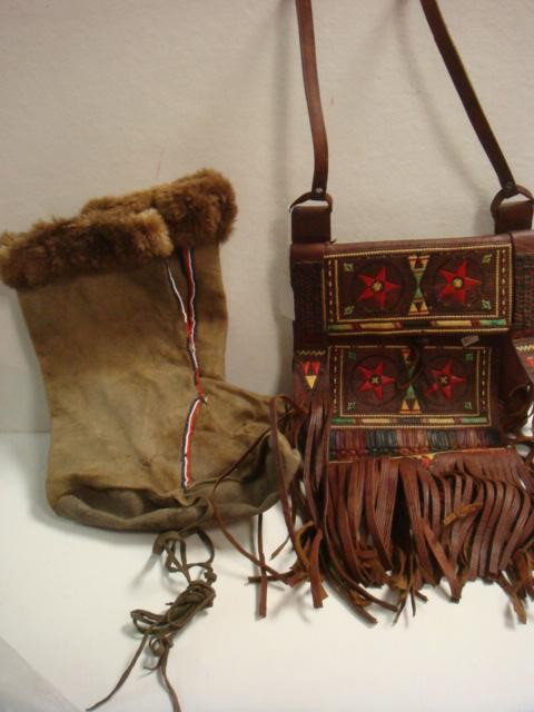 Handstitched African Purse, Alaskan Moose Boots:: Handstitched African Purse, Alaskan Moose Boots: Woven Leather Bag Stamped Africa. Long Fringed Flap with Single Pocket Interior, 22"L Without Strap. Moose Hide Boots with Fur Cuff and Seed Bead Trim.