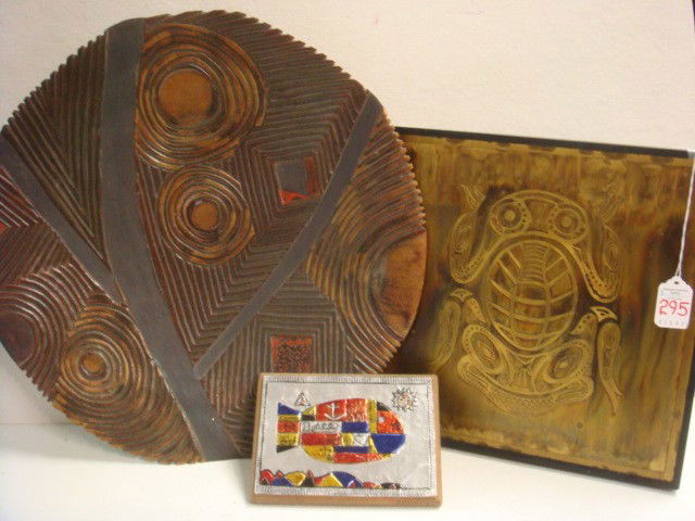 Fish and Frog Plaque and Hand Thrown Platter: Fish and Frog Plaque and Hand Thrown Platter: Joaquin Garcia Ink Stained Tin Fish Plaque is 6 1/2" X 4 1/2". Acid Stained Brass Frog by Bernhard Rohne From Metallic Design Studios is 11 1/2" Square. S