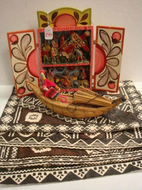 Handmade Mexican Bultos, Woven Boat, Bark Placemat: Handmade Mexican Bultos, Woven Boat, Bark Placemats: Handpainted Diorama with Hat Sellers & Crucifixion Scene. Woven Boat and Figures From Lake Titicaca Bolivia, 13"L. 4 Handpainted Placemats, Malawi,
