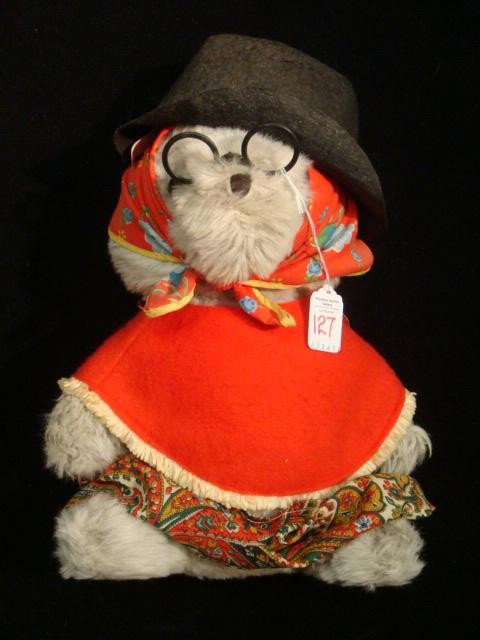 Vintage GABRIELLE PADDINGTON Aunt Lucy Bear:: Vintage GABRIELLE PADDINGTON Aunt Lucy Bear: Eden Toys, 1975. 12"T Seated Bear with Felt Cap, Glass Eyes and Specs. Lucy was Paddington's Guardian Who Sent Him to England. (100-200)