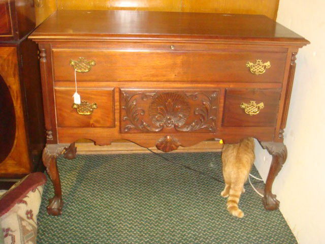 Modern Lowboy Style Mahogany Cedar Lined Blanket C: Modern Lowboy Style Mahogany Cedar Lined Blanket Chest Hinged Beveled Lid on 3 Faux Drawers with Brass Hardware. Center Shell and Leaf Carving. Raised on Cabriole Legs with Carved Shell Knees Ending i