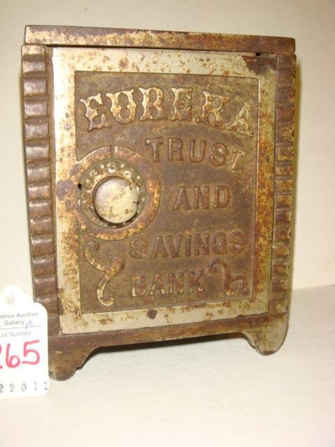 Vintage MUDD MFG CO Cast Iron Bank:: Vintage MUDD MFG CO Cast Iron Bank: Coin or Penny Safe Bank with Combination Lock. Combination Absent. 4.875"T. Literature-Pierce No. 223 ISB223, P. 50. "Iron Safe Banks" by Bob & Shirley Pierce. Some