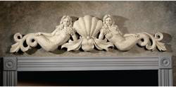 TOSCANO Mermaid Plaque and White Niche:: TOSCANO Mermaid Plaque and White Niche: Semi-Nude Mirrored Mermaids Separated by Seashell is 36"L. Niche with Fluted Columns and Shell Crest is 22" X 10". Mermaid Replica of 18th Drawing. (50-80)