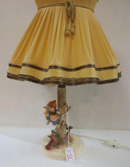 HUMMEL "Out of Danger" Lamp with Original Shade:: HUMMEL "Out of Danger" Lamp with Original Shade: HUM 44/B. Girl in Tree Losing Shoe to Dog. 18"T to Top of Shade. Some Braid Loose on Inside of Shade. Line Cut Through Trade Mark. No Chips, Cracks or 