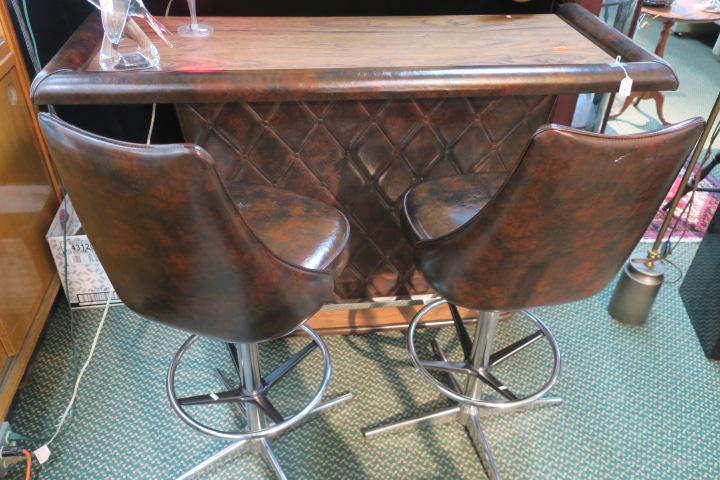MCM CHROMCRAFT Vinyl Bar and Two Stools:: MCM CHROMCRAFT Vinyl Bar and Two Stools: Bar has Padded Vinyl Rail Around Wood Grain Laminated Top. Button Tufted Base to Laminated Bottom with Chrome Foot Rest. Storage in Back. 38 1/2"T, 59" X 23 1/