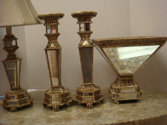 Five Piece Designer Mirrored Lamp Suite:: Five Piece Designer Mirrored Lamp Suite: Antiqued Silvertone Paneled Frame with Mirrors on Floor Lamp. Table Lamp, 2 Candleholders and Center Bowl. (100-200)