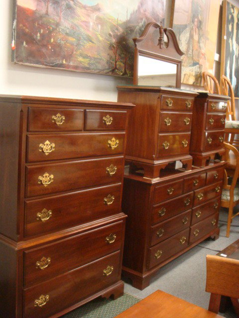 5 Piece KNOB CREEK Cherry Bed Room Suite:: 5 Piece KNOB CREEK Cherry Bed Room Suite: Pair of 3 Drawer Night Stands with Glass Top. 9 Drawer Dresser with Mirror is 60"L. 7 Drawer Chest of Drawers is 56"T X 37"W. All with Brass Pulls and Ogee Fe