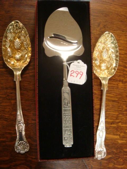 Pewter Cheese Slicer, Berry Spoons, Sardine Fork: Pewter Cheese Slicer, Berry Spoons, Sardine Fork: Kongetinn-Royal Pewter Handled Cheese Slicer in Original Box Made in Norway. 2 English Silver-plate Berry Spoons with Gold Wash Bowls. Handpainted Por