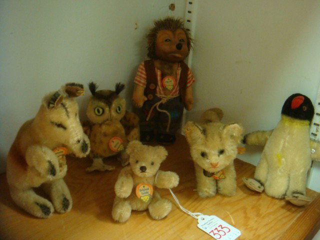 6 STEIFF Mohair and Felt Animals:: 6 STEIFF Mohair and Felt Animals: 4"T Standing Tabby (Tag), 5 1/2" Kangaroo (Button & Joey), 3"T Seated Teddy (Tag), 4" Wittie Owl (Tag), 5" Penguin (Button), 6" Mecki Hedgehog (Tag) (200-400)