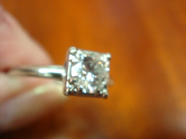 Ladies Diamond Solitaire Ring:: Ladies Diamond Solitaire Ring: 18K White Gold Jabei Mounting with a Square Head and Double Prong Setting for a Single Round Full Cut Diamond. Estimated Weight is .53ct. Has Appraisal for $1800. (800-1