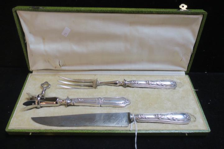 Antique French Carving Set & Bone Holder in Box:: Antique French Carving Set & Bone Holder in Box: Carving Knife and Fork Marked "Metal Arge(nt)" and GH on Collar. Blade Stamped Paris. Knife is 12 1/4"L, Fork is 10 5/8"L. Tulip Bone Holder has Minerv