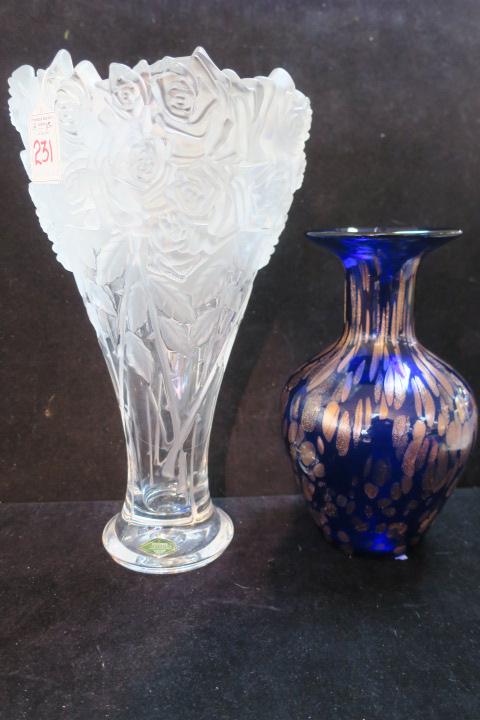 SHANNON CRYSTAL and Cobalt Art Glass Vases:: SHANNON CRYSTAL and Cobalt Art Glass Vases: 24% Lead Crystal Roses Vase Made in Czech Republic is 14"T. Relief Frosted Roses to Clear Base. Cobalt Glass Vase with Aventurine Splashes is 10"T. (100-200