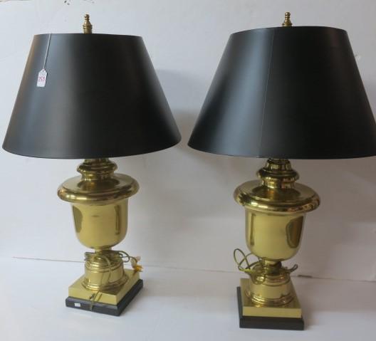 Pair of FREDERICK COOPER Brass Lamps with Shades:: Pair of FREDERICK COOPER Brass Lamps with Shades: Brass Urn Shaped Lamps with Wooden Plinth are 36"T to Finial. Black Cone Shades with Spotted Gold Foil Inside. (200-400)
