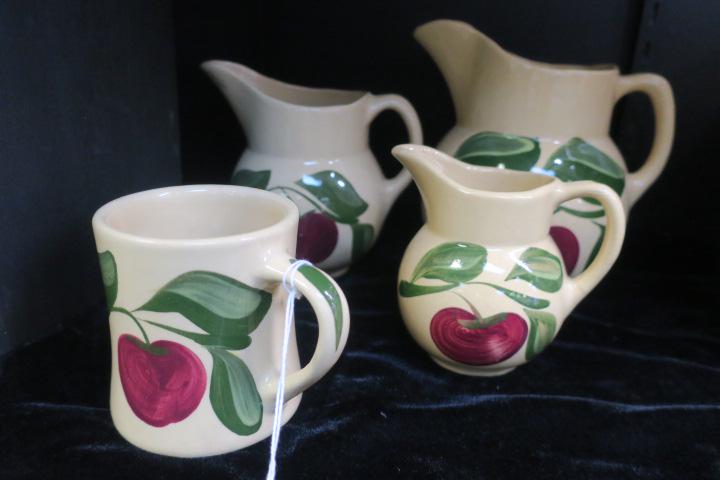 Vintage WATT Apple Pottery Pitchers and Mug:: Vintage WATT Apple Pottery Pitchers and Mug: #15 and 16 Pitchers and #62 Creamer. #121 Coffee Mug. All with 3 Leaves. (150-300)
