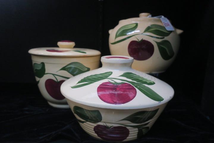 WATT Apple Pottery Bean Pot, Ice Bucket, Lidded Bowl:: WATT Apple Pottery Bean Pot, Ice Bucket, Lidded Bowl: Bean Pot # 601 with Lid. Ice Bucket with Lid is Unmarked. Ribbed Flat Bowl with Lid #601. All with 3 Leaves. (150-300)