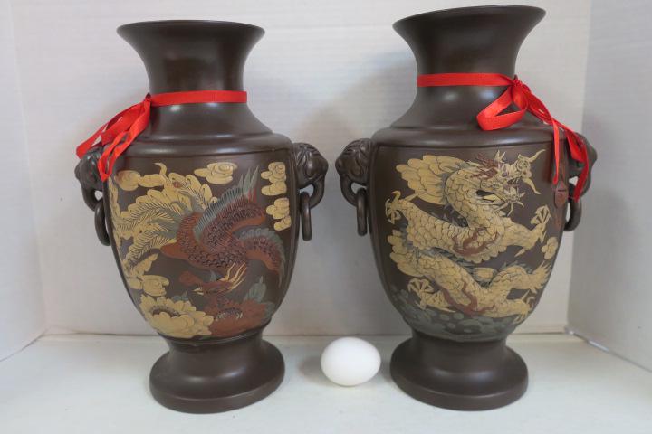 Pair of Earthenware Baluster Form Chinese Vases:: Pair of Earthenware Baluster Form Chinese Vases: Mythical 5 Toed Dragon & Phoenix. Satin Finish Dark Brown Patina. Possibly Martaban Ware. Figures in Relief. Loops for Rope on Lion Head Handles. Each 