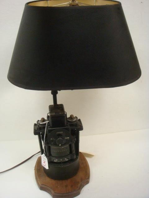 WWII Sherman Tank PIONEER Compass Lamp:: WWII Sherman Tank PIONEER Compass Lamp: Electric Lamp with Bendix Aviation Compass Base on Shaped Wooden Plinth. Single Bulb, Faux Lizard Skin Shade. 18 1/2"T. (120-240)