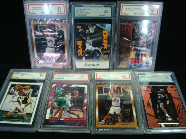 7 Graded Basketball Cards 10 to 9:: 7 Graded Basketball Cards 10 to 9: Allen Iverson, Kevin Garnett, Grant Hill, 2 x Vince Carter, Morris Peterson (Rookie) and Marcus Banks (Rookie). Graded in Sealed Plastic Sleeves. (100-250)
