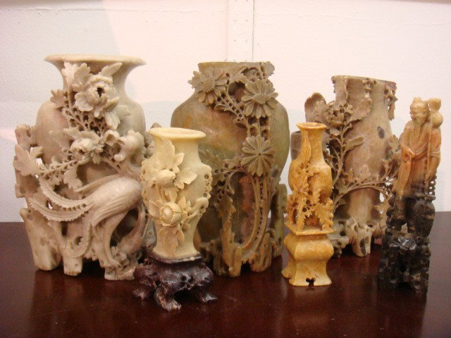 Six Soapstone Carved Figures and Vases: Six Soapstone Carved Figures and Vases: Intricately Carved Floral and Bird Vases Range From 6" to 8 1/2"T, Some With Incised Accents. Elder Fisterman Figure on Plinth is 7"T. (100-200)
