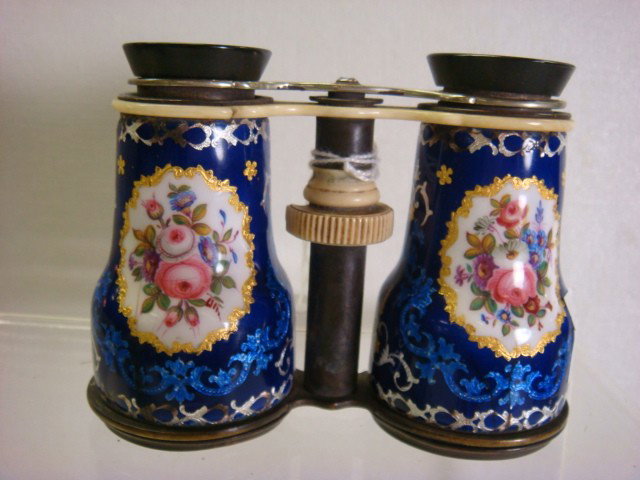 Enamel and Ivory Opera Glasses:: Enamel and Ivory Opera Glasses: Cobalt with Floral Medallions. Ivory Focus Wheel (Chipped) and Lend Bar. Hazed and Missing Lenses. (40-60)