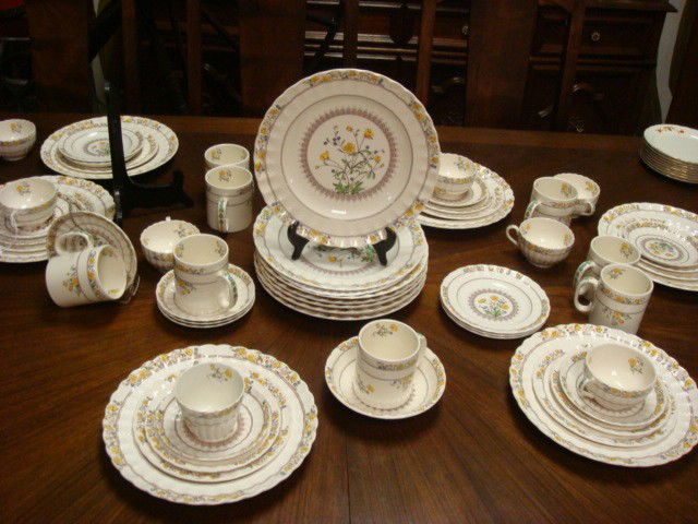 Set of COPELAND SPODE Buttercup Dinnerware: 52 Piece Set of COPELAND SPODE Buttercup Dinnerware: 5 Piece Place Setting for 8, 7 Mugs, 1 Soup Bowl, 4 Dinner Plates. White Ground with Yellow Flowers. (300-500)