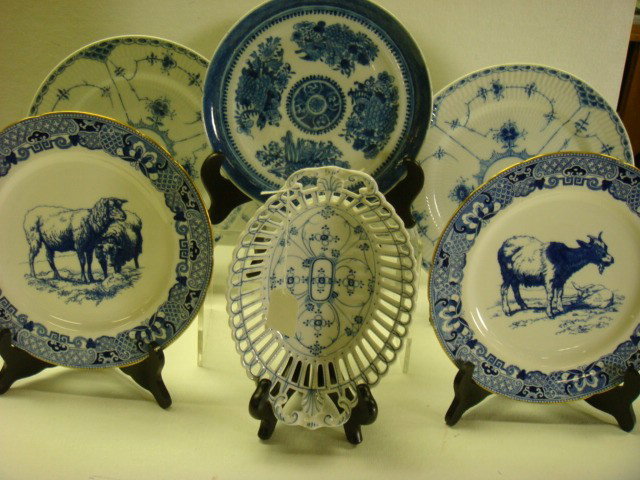 Seven Blue & White Plates, Basket, 1 Staple Repair: Seven Blue & White Plates, Basket, 1 Staple Repair: Two 9 1/4"D Plates, One with Sheep, One with Goats, Three 10 1/4" Blue Fjord Plates, 8"D Chinese Plates with Old Staple Repair and 9"L Oval Reticula