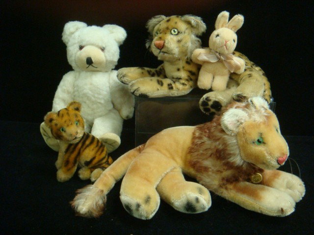Five Vintage Plush and Mohair Stuffed Animals:: Five Vintage Plush and Mohair Stuffed Animals: Includes Steiff 8"L Lion, Herman Tiger, Small Tiger, Tiny Rabbit and Jointed White Bear. (100-150)
