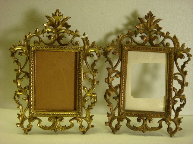 Pair of Brass Picture Frames:: Pair of Brass Picture Frames: Matching Frames with 5 1/2" X 4" Opening Trimmed in Openwork Acanthus Leaf Surround. Swivel Rear Foot Support. (40-60)