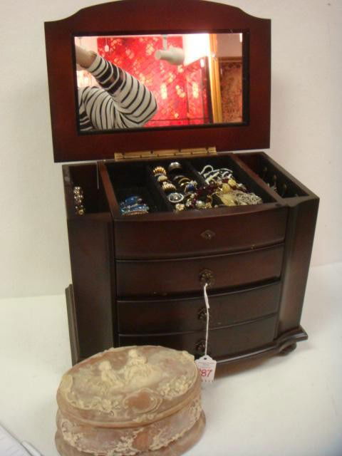 Jewelry Chest, Contents and Incolay Box: Jewelry Chest, Contents and Incolay Box: Assorted Costume Jewelry Includes Necklaces, Rings, Bracelets, Earrings and Watches. Signed Pieces Include Marvella, Kissaka, Skage, LA Express, Fiera and Senl