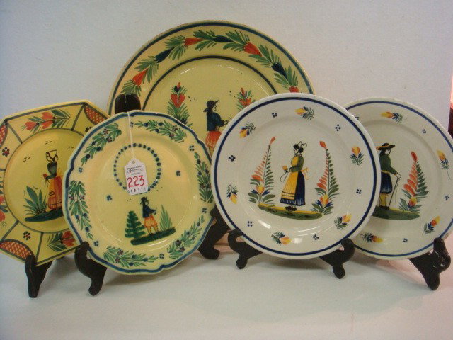 Six Pieces of QUIMPER Plates and Bowl:: Six Pieces of QUIMPER Plates and Bowl: Two 8 1/2"D Briton HENRIOT Plates, One Marked for RH Stearns Co. 7 3/4" Squared Plate Marked HB Quimper. 8 1/4"D Snack Plate Marked Marshall Fields Quimper. 12 1