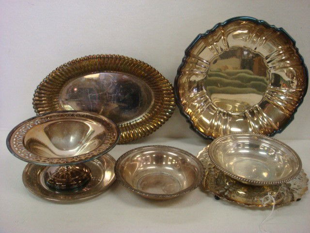 Sterling and Silver-plate Bowls, Compote, Trivet: Sterling and Silverplate Bowls, Compote, Trivet: Includes 5 3/8"D Fisher Sterling Bowl, 5 3/4"D Gorham Sterling Bowl. 6"D Silver on Copper Plate, 10"D Silverplate Oval Tray. 9 1/2"D Poole Silverplate