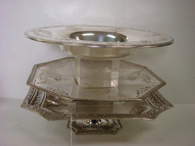 Silver-plate Compote, Tray and Bowl:: Silverplate Compote, Tray and Bowl: Pierced Edge Rectangular Compote is 9" X 12". Meriden SP Co Octagonal Tray is 11 1/4"D. Ardsley Tudor Plate Bowl with Pierced Medallions is 11 1/4"D. (40-60)