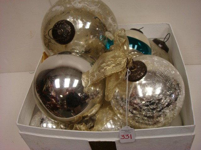 Silvered Glass Christmas Balls, Some Mercury Glass: Silvered Glass Christmas Balls, Some Mercury Glass: Crackled and Solid in Various Sizes with Soldered Metal Caps and Rings in Molded Decorator Box. (60-100)