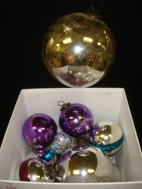 Silvered and Colored Glass Christmas Balls:: Silvered and Colored Glass Christmas Balls: Crackled and Solid in Various Sizes with Soldered Metal Caps and Rings in Cardboard Decorator Box. (60-100)