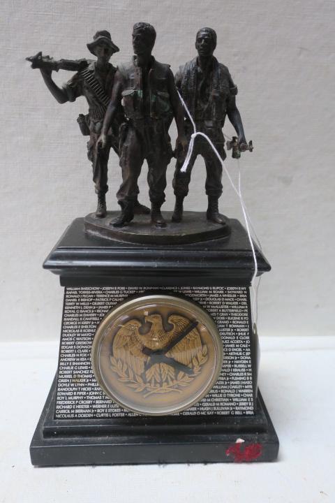 HEROES OF VIETNAM Commemorative Shelf Clock:: HEROES OF VIETNAM Commemorative Shelf Clock: Top with Three Soldiers from the 2nd Vietnam Memorial Statue Marked F.F. hart and V.V.M.F. 1984. Black Granite Base, Embedded Eagle Clock, Base Shows Print
