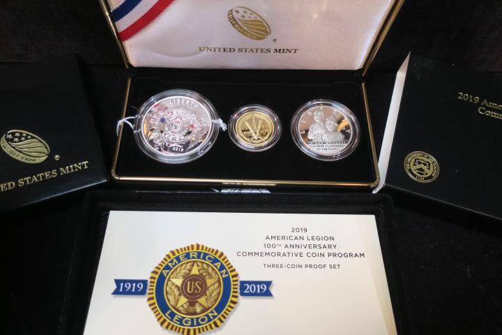 AMERICAN LEGION Three Coin Proof Set, Gold & Silver:: AMERICAN LEGION Three Coin Proof Set, Gold & Silver: In Special Black Velvet Display Case and Packaging with Certificate of Authenticity. 1/4 TOZ. of Pure Gold and .999 Silver Dollar & CU Half $ Coins