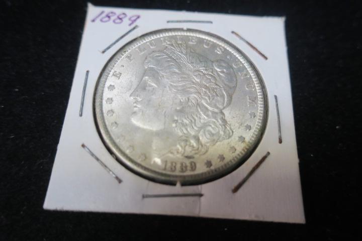 1889 AU 50 Condition, MORGAN SILVER DOLLAR:: 1889 AU 50 Condition, MORGAN SILVER DOLLAR: .90% Pure Silver. (80-150)