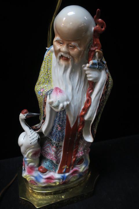 SHOU XING LAO Porcelain Table Lamp:: SHOU XING LAO Porcelain Table Lamp: Most Popular of the Three Lucky Immortal Chinese Astrology Gods. Holds a Peach and Staff Representing Health and Longevity. 15" Figure on Brass Step Base, with Clip