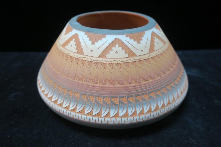 Navajo Pottery Vase Signed ADA MORGAN:: Navajo Pottery Vase Signed ADA MORGAN: Hand Thrown Terra Cotta Vase Signed and Dated '92 on Bottom. Polychrome Etched Clay Pot is 4"T with 3"D Opening. A combination of Traditional Technique with Cont