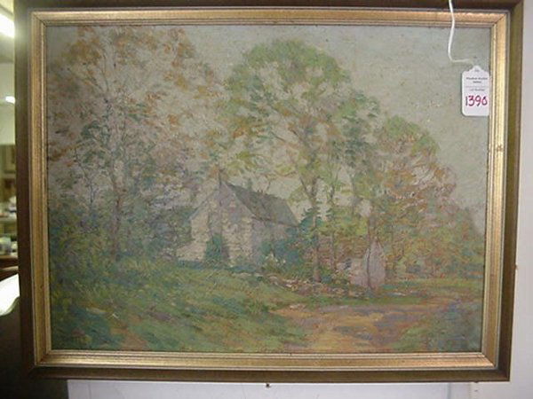 Ernest Albert Jr. Oil on Board: Impress: Ernest Albert Jr. Oil on Board: Impressionistic Farm House in Spring Woods. 15 1/2 X 11" in 1" Wood Frame.