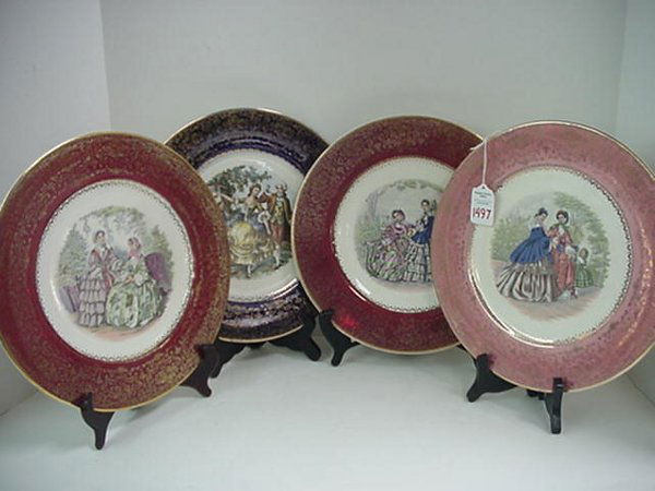 4 Salem China Fashion Transfer Plates: 4 Salem China Fashion Transfer Plates: 23K Gold Trim USA Imperial China. Two Burgundy, 1 Pink and 1 Cobalt Rim. 1890's Fashion Prints in Center. 11"D.