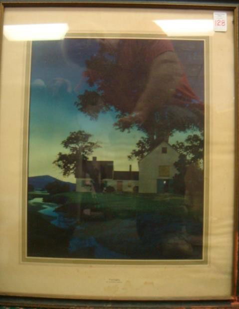 MAXFIELD PARRISH Framed Print Twilight: MAXFIELD PARRISH Framed Print Twilight: Vintage Print of Farmhouse and Stream as Evening Falls. Matting Integrated Into Print. Black and Gold Frame. Water Stain at Bottom. 19 1/2" X 23" Overall. (60-1