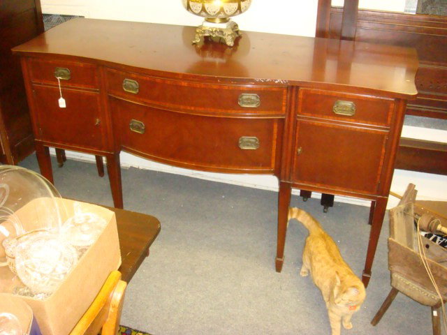 DREXEL 4 Drawer, Double Door Mahogany Sideboard.: DREXEL 4 Drawer, Double Door Mahogany Sideboard. Drawers Edged in Contrasting Grained Wood. Silverware Drawer, Narrow Long Over Deep Drawer. 37"T X 68"W X 24"D. Brass Bale Pulls. (250-450)