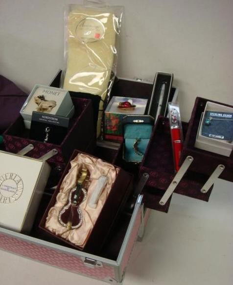 Purple Neiman Marcus Tote, Soothing Pillow, Red H: Purple Neiman Marcus Tote, Soothing Pillow, Red Hat Pin, Sterling Necklace, Guerlain Perfume, Nordstrom Lip Stick Charm, Enamel Violin Box, Juicy Coutour Shoe Charm, Steiff Pin, Monet Cow Box, Jewel N