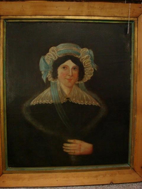 19thC Portrait of Female Oil on Canvas:: 19thC Portrait of Female Oil on Canvas: Unsigned Limner Painting (Anonymous Self Taught Traveling Artist) Depicts Full Face Woman in Lace Bonnet and Collar. Fashionably Dressed, Period Frame. Fine Cra