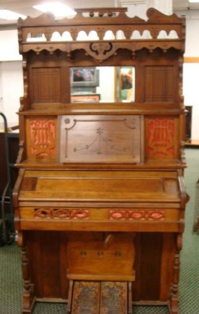 Victorian Chicago CABEL CO. Cottage Pump Organ: Victorian Chicago CABEL CO. Cottage Pump Organ: Circa Late 1800's by Hobart Cable Company. Beveled Mirror, Folding Knee Levers, Double Metal Pedal Mats, Ivory Keys, Ebony Sharpes and Detailed Carving.