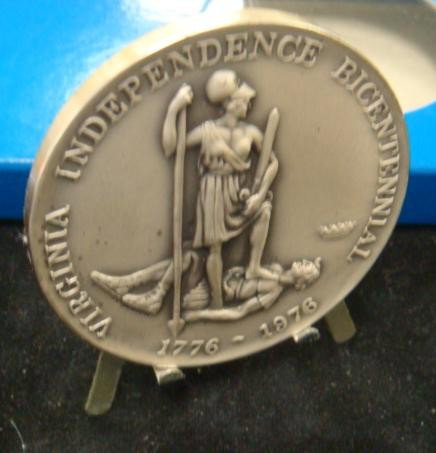 VIRGINIA BICENTENNIAL 4.5 OZ .999 SILVER MEDAL In : VIRGINIA BICENTENNIAL 4.5 OZ .999 SILVER MEDAL In Box: With Display Stand. Virginia Cradle of Presidents on Reverse and State Seal on Obverse. (150-250)