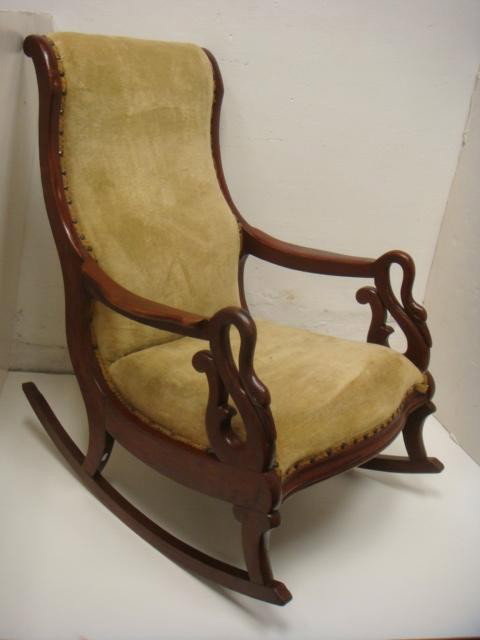 Velvet Upholstered Mahogany Frame Goose Neck Rocke: Velvet Upholstered Mahogany Frame Goose Neck Rocker: Nail Head Braid Trim, Celery Green Fabric. Long Rockers. 37"T at Back. (-)
