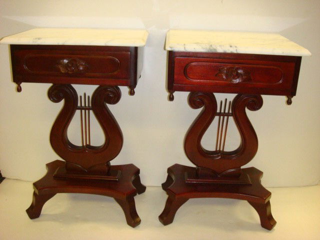 Pair Lyre Base Marble Top Single Drawer Side Tabl: Pair Lyre Base Marble Top Single Drawer Side Tables: Carlton McLendon Furniture. Italian Marble Top is White with Gray Grain and is 14" X 18". 4 Way Sculpted Foot. 27"T. (250-400)